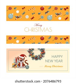 Set of flat vector banners Merry Christmas and happy new year. Cartoon Christmas template with festive decorations and food. Background for postcards and invitations. New Year s table with a pie and a