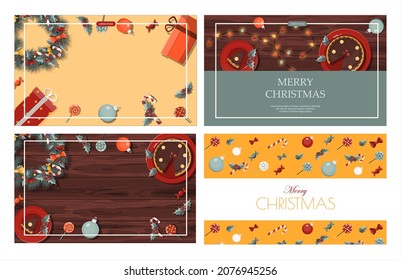 Set of flat vector banners Merry Christmas and happy new year. Cartoon Christmas template with festive decorations and food. Background for postcards and invitations. New Year s table with a pie and a