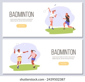 Set of flat vector banners on the theme of badminton. Illustration depicting characters playing badminton, and space for text. Ideal for sports promotions and advertising concepts.