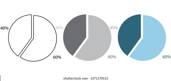 Set of flat vector black line, gray and blue circle diagrams for infographics isolated on white background. Pie charts showing 40 and 60 percents