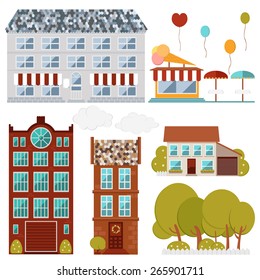Set of flat vector buildings (cafe, house, restaurant, old fashioned house) and trees.