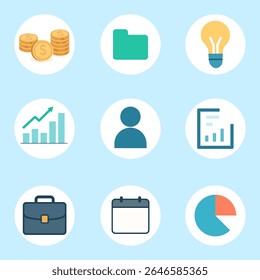 Set of flat vector business and finance icons: coins, folder, light bulb, chart, calendar, briefcase. Perfect for infographics, web design, presentations.