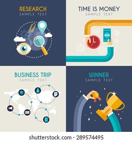 Set of Flat Vector Business Illustrations. Research, Time is money, Business trip, winner