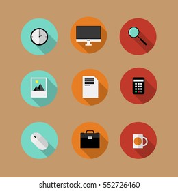 Set of flat vector bussines icons, office concept with shadows.
