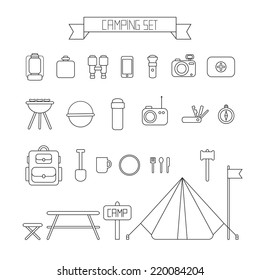 Set of flat vector camping equipment symbols and icons. 