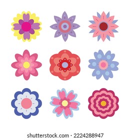 Set of flat vector cartoon flowers. Collection of silhouettes isolated on white background. Bright icons for design, printing, stickers, scrapbooking. Cute, simple style.