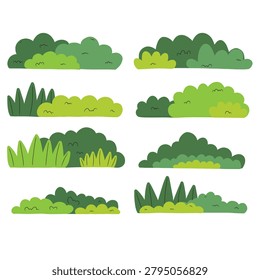 Set of Flat Vector Cartoon Green Bushes Shrubs and Grass Patches Isolated on White Background