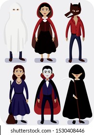 Set of flat vector cartoon illustration. Halloween costumes of a werewolf, a witch, a death, little red riding hood, a vampire, a ghost