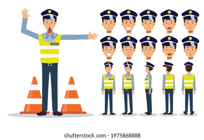 Set of Flat Vector Character illustration, traffic policeman in various views, Cartoon style.