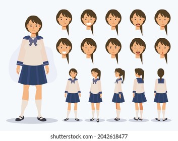 Set of Flat Vector Character Japanese student girl in uniform with various views, Cartoon style.