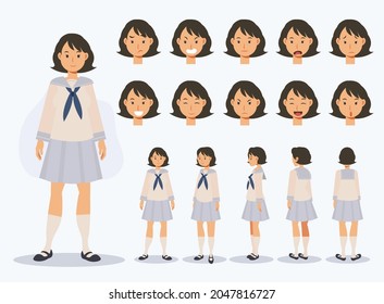 Set of Flat Vector Character Japanese student girl in uniform with various views, Cartoon style.