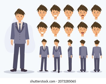 Juego de personajes de vectores planos estudiante japonés con uniforme con varias vistas, estilo de caricatura.