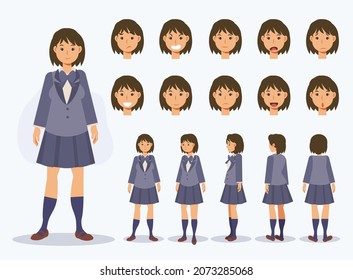 Set of Flat Vector Character Japanese student girl in uniform with various views, Cartoon style.