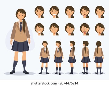 Juego de personajes de vectores planos estudiante japonesa con uniforme con varias vistas, estilo de caricatura.