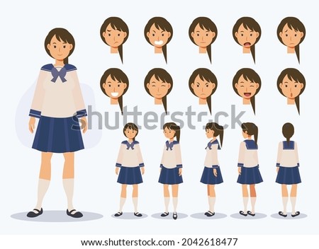 Set of Flat Vector Character Japanese student girl in uniform with various views, Cartoon style.
