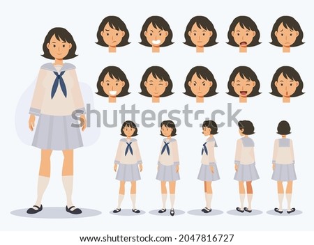Set of Flat Vector Character Japanese student girl in uniform with various views, Cartoon style.