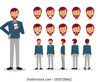 Set of Flat Vector Character man wear casual clothing with various views, Cartoon style.