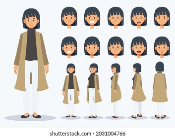 Set of Flat Vector Character woman wear casual clothing with various views, Cartoon style.