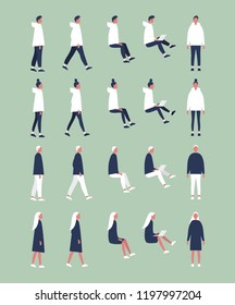 Set of flat vector characters in different poses. Young adults. Lifestyle illustration. Flat editable vector, clip art