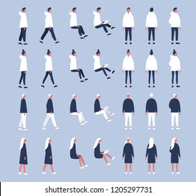 Set of flat vector characters in different poses. Young adults. Lifestyle illustration. Flat editable vector, clip art