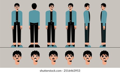 Conjunto de personagens vetoriais planos com um estudante japonês de uniforme, mostrados de várias vistas em estilo cartoon.