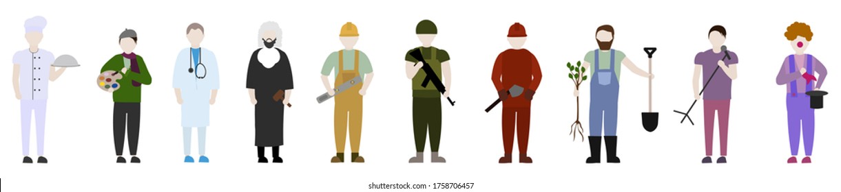 Set of flat vector characters of men of different professions. Artist, doctor, clown, judge, cook, military, farmer, singer, fireman, builder. Isolated on white background.