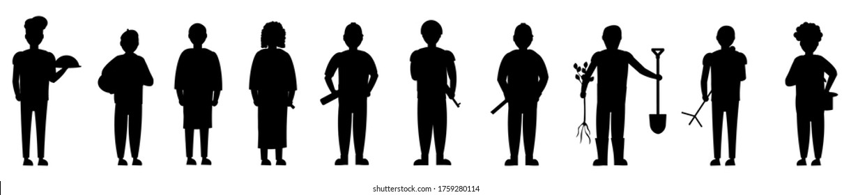 Set of flat vector characters of men of different professions. Artist, doctor, clown, judge, cook, military, farmer, singer, fireman, builder silhouettes. Isolated on white background.