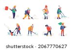 Set of flat vector cheerful happy characters on winter snow shoveling. A collection of minimalist styled colorful people working with shovels clearing snowdrift streets wearing winter clothes