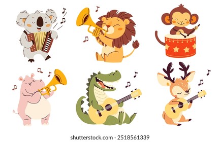 Set of flat vector in child style on white background. Cute hippo lion reindeer koala monkey playing musical instruments. Trumpet harmonica accordion bayan drums guitar