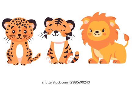 Conjunto de ilustraciones infantiles de vector plano. Gatos salvajes de safari y África, tigre, león y leopardo. Animales de fondo blanco 