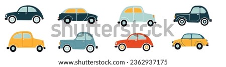 Set of flat vector children's illustrations. Cute cars on white background