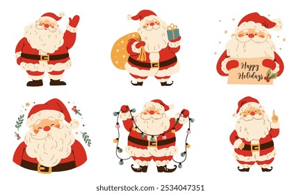 A set of flat vector Christmas illustrations. Cute Santa Clauses in different poses