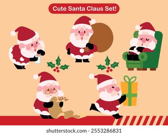 A set of flat vector Christmas illustrations. Cute Santa Clauses in different poses.