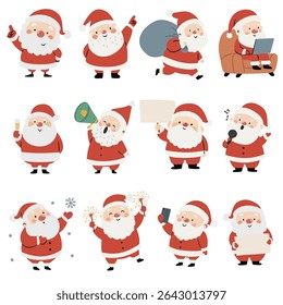 A set of flat vector Christmas illustrations. Cute Santa Clauses in different poses