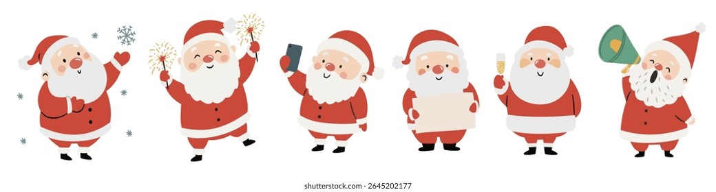 A set of flat vector Christmas illustrations. Cute Santa Clauses in different poses