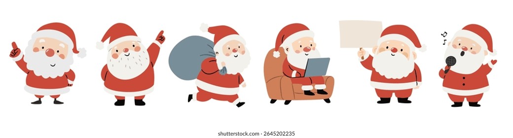 A set of flat vector Christmas illustrations. Cute Santa Clauses in different poses