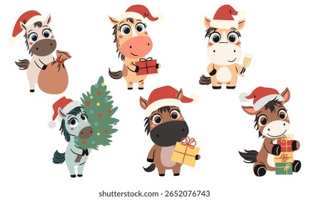 A set of flat vector Christmas illustrations in a simple children's style. Cute horses symbol of the year 2026. Cute foals in Santa Claus hat with presents, Christmas tree and sacks