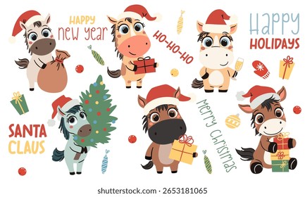 A set of flat vector Christmas illustrations in a simple children's style. Cute horses symbol of the year 2026. Cute foals in Santa Claus hat with presents, Christmas tree and sacks, lettering