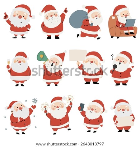 A set of flat vector Christmas illustrations. Cute Santa Clauses in different poses