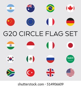 Um conjunto de bandeiras de círculo vetorial plano para todo o grupo de nações do G20. Estes países constituem as melhores economias do mundo.