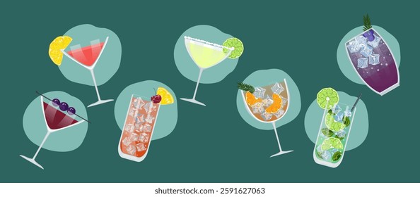 Set of flat vector cocktail illustrations of classic cocktails in different types of glasses, liqueurs for menus and alcoholic beverages, anfood menus in cute cartoon style on a background, per edit.