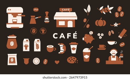 Conjunto de cafeteria vetor plana com máquina de café expresso, barista, edifício do café, bebidas, doces, ingredientes e ferramentas.