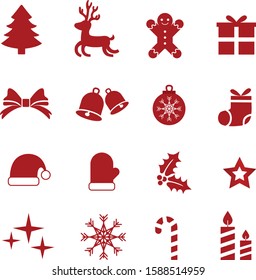 Set flat vector collection of christmas items elements and decorations, deer, gingerbread man, gift boxes, ribbon, bell, sock, santa hat, glove, mistletoe, star, candies, wreath, snow, snowflake