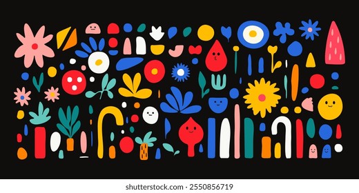 Set of flat vector colorful shapes, and flowers. Simple retro geometric forms. Design elements. Vector graphic. Isolated black background