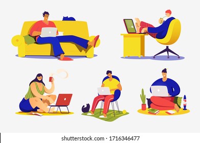 Set of flat vector concept illustrations on the themes: freelance, make money at home, earn in internet, success, remote work. A freelancers working at the laptops.