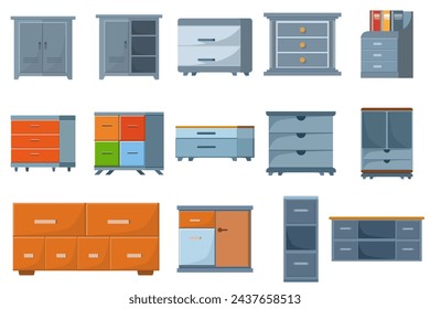 A set of flat vector cupboards of various shapes, tall cupboards, wide bookcases, kitchen cupboards with drawers. Each vector features unique details. This vector can be used in various design project