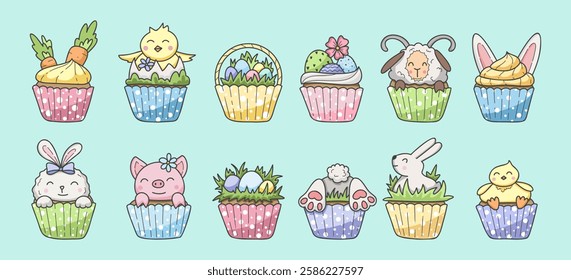 Conjunto de cupcakes vetoriais planos para o dia de Páscoa. Ilustrações de Páscoa bonitas com coelhos, galinhas, cesta de ovos, ovos de Páscoa, ovelhas e leitão. Elementos de design perfeito para decoração de férias e carro de saudação