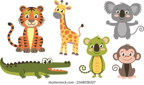 A set of flat vector cute animals, flat color animals set illustration