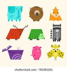 Set of flat vector cute kids educational geometrical animals made of different shapes. Square elephant, rectangular raccoon, triangular fox. Nice colorful characters illustrations set