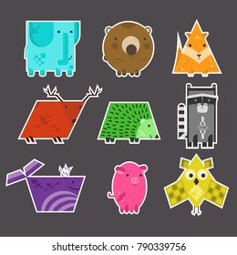 Set of flat vector cute kids educational geometrical animals stickers made of different shapes. Square elephant, rectangular raccoon, triangular fox. Nice colorful characters labels set